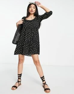 New Look Square Neck Frill Sleeve Smock Dress In Black Polka Dot For Women