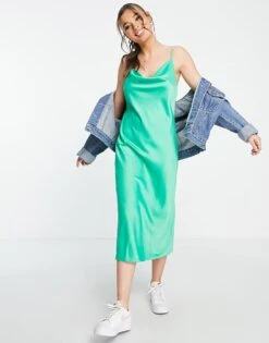 New Look Cowl Neck Satin Slip Dress In Green For Women Mid Green