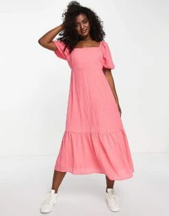 New Look Square Neck Textured Midi Dress In Pink For Women