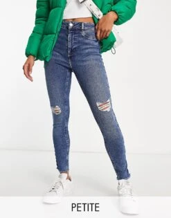 New Look Petite Skinny Jeans With Ripped Knees In Mid Blue For Women