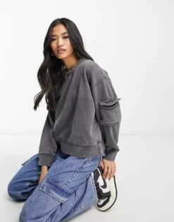 New Look Cargo Pocket Sweatshirt In Grey For Women