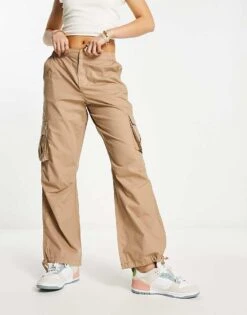 New Look Straight Leg Parachute Trousers In Stone For Women Neutral