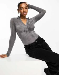 New Look Slinky Long Sleeve Bodysuit In Grey For Women