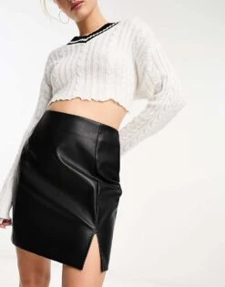 New Look Faux Leather Side Split Min Skirt In Black For Women