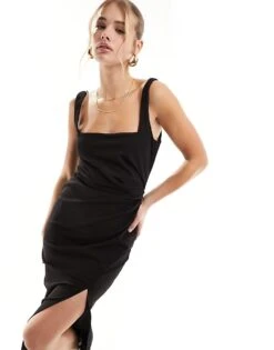 New Look Square Neck Ruched Front Midi Dress In Black For Women