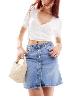 New Look Button Through Denim Skirt In Mid Blue For Women