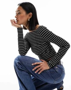 New Look Stripe Bardot Top In Black For Women