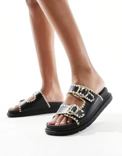 New Look Chunky Double Strap Buckle Sandals In Black For Women