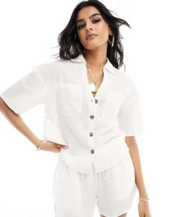 New Look Linen Look Pocket Shirt In Off White For Women