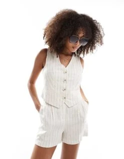 New Look Pinstripe Linen Look Waistcoat In White For Women