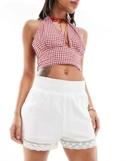 New Look Broderie Hem Shorts In White For Women