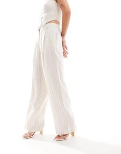 New Look Linen Look Wide Leg Trouser In Stripe Pattern For Women White