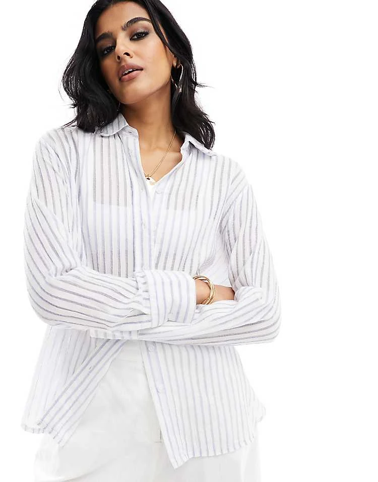 New Look Long Sleeve Poplin Shirt In Blue Stripe For Women Mid Blue