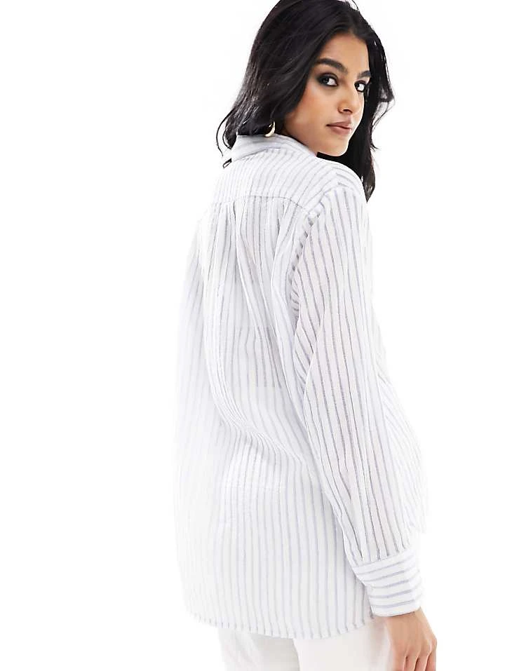 New Look Long Sleeve Poplin Shirt In Blue Stripe For Women Mid Blue - Image 4