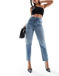 New Look Ripped Mom Jean In Tinted Blue Wash For Women Mid Blue