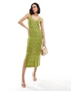 New Look Stitched V-neck Dress In Light Green For Women