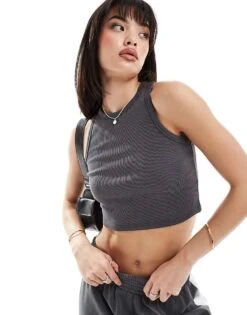 New Look Cropped Acid Racer Vest In Dark Grey For Women Charcoal