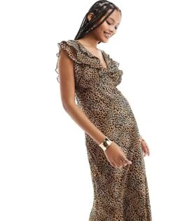 New Look Ruffle Sleeve Midi Dress In Leopard Print For Women Brown