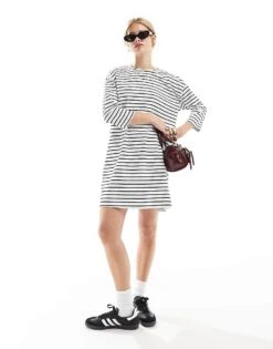 New Look 3/4 Sleeve Mini Dress In Black Stripe For Women White