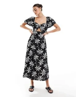 New Look Palm Twist Midi Dress In Black For Women