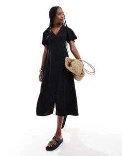 New Look Lace Detail Button Through Dress In Black For Women