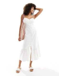 New Look Button Through Strappy Midi Dress In Off White For Women