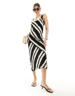 New Look Satin Midi Slip Dress In Stripe For Women Black