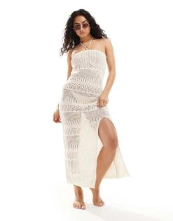 New Look Bandeau Crochet Maxi Dress In White For Women Cream