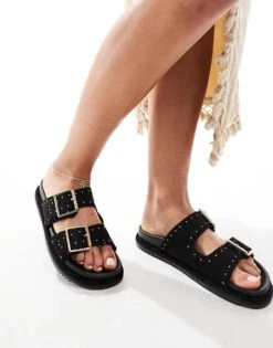 New Look Chunky Double Strap Flat Sandal With Studs In Black For Women