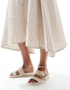 New Look Strappy Flat Sandal In Raffia Off White For Women