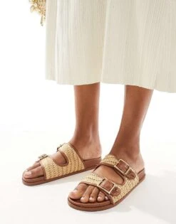 New Look Double Strap Sandal With Raffia In Tan For Women