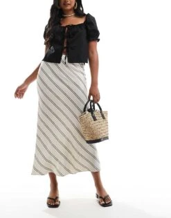 New Look Stripe Bias Midi Skirt In Cream For Women