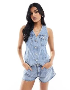 New Look Denim Waistcoat In Blue For Women Mid Blue