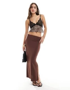 New Look Side Split Midi Skirt In Dark Brown For Women