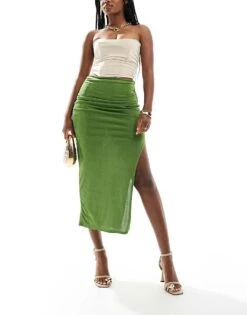 New Look Ruched Midi Skirt In Light Green For Women