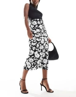 New Look Satin Midi Skirt In Black Floral For Women
