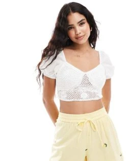 New Look Crochet Puff Sleeve Crop Top In White For Women