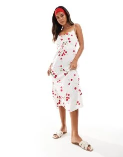 New Look Cherry Print Tie Front Midi Dress In White For Women