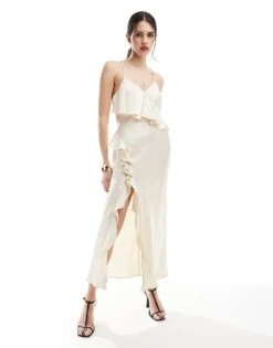 New Look Ruffle Satin Maxi Dress In Cream For Women