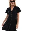 New Look Button Front Mini Dress In Black Linen For Women