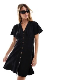New Look Button Front Mini Dress In Black Linen For Women