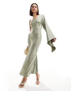 New Look One Shoulder Long Sleeved Satin Dress In Light Khaki For Women Green
