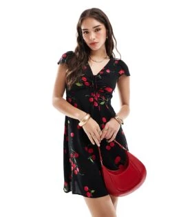 New Look Mini Dress With Tie Front Detail In Cherry Print For Women Black