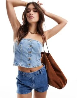 New Look Denim Bandeau Top In Mid Blue For Women Mblue