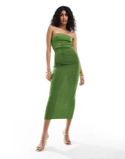 New Look Ruched Side Bandeau Midi Dress In Green For Women Lgreen