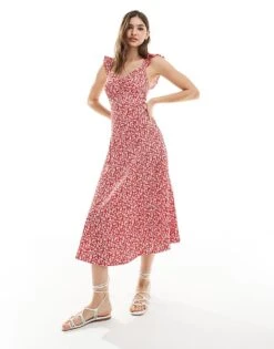 New Look Crinkle Ruched Front Midi Dress In Red Floral For Women