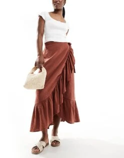 New Look Wrap Ruffle Midi Skirt In Terracotta For Women Copper