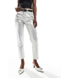 New Look Metallic Straight Leg Jean In Silver For Women White