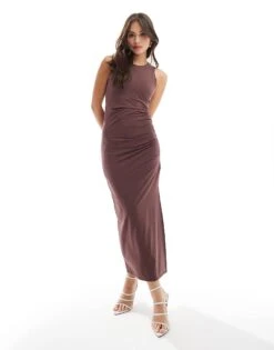 New Look Slinky Ruched Side Maxi Dress In Brown For Women
