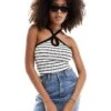 New Look Halter Neck Vest In Black Stripe For Women